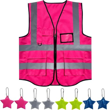 Gilet Reflechissant Vêtements de Sécurité avec Poche Réfléchissant Haute Visibilité Étiquette Réfléchissante Gilet de Securite Respirants pour Hommes et Femmes (Rose) (1/5)