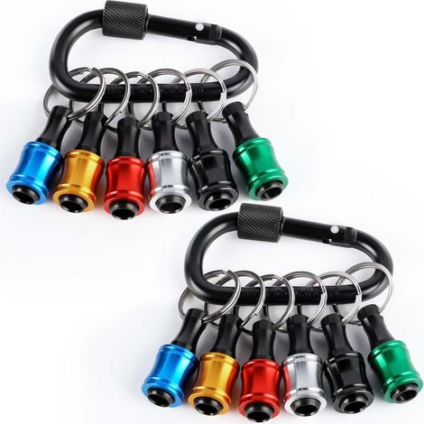 Portapuntas de destornillador hexagonal de 1/4 de pulgada fabricado en aleación de aluminio, extensión, adaptador para taladro, llavero portátil (6 piezas de colores con mosquetón negro). (1/5)