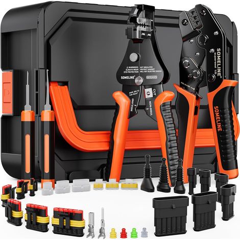 Pince à Sertir et Kit Connecteurs Électriques Étanches 1-6 Broches, 0,34-2,5mm² (AWG 22-14), Compatible 1.5, avec Pince à Dénuder et Extracteur, pour Auto Moto Bateau Camion