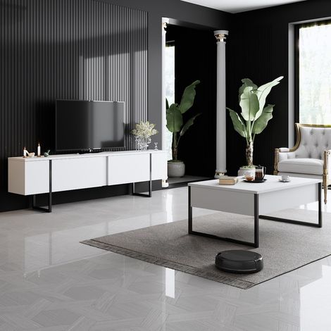 Möbelset Weiß Luxus - Couchtisch + TV-Schrank – schwarzer Rahmen
