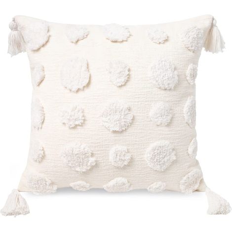 Housse de Coussin décorative touffetée à Pompons en Tissu Chenille texturé pour lit, canapé, 45,7 x 45,7 cm, Blanc bohème (1/5)