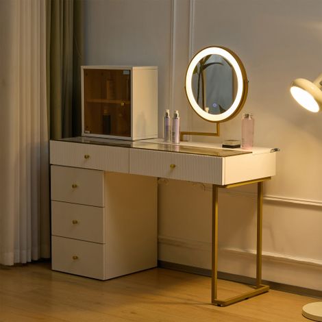 Tocador con espejo iluminado por LED, tablero de cristal templado transparente, con mueble, (sin taburete) 120x45x115 cm (1/5)