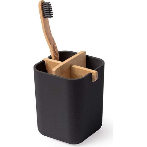 Door-Brush to Teeth in Bamboo, Natural eco, Pot of Brush to Teeth antibacterial for Room of Bath, Cup to Brush to Teeth Compact for A Storage Easy (Black) (1/5)