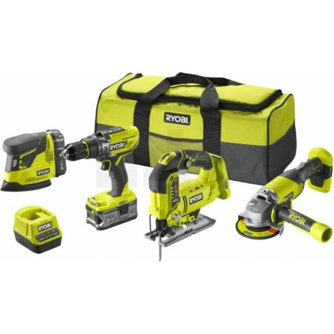 RYOBI Pack 4 outils ONE+ 18V perceuse a percussion + meuleuse + scie sauteuse + ponceuse + batt. 5Ah & 2Ah + sac R18CK4F-252S (1/2)