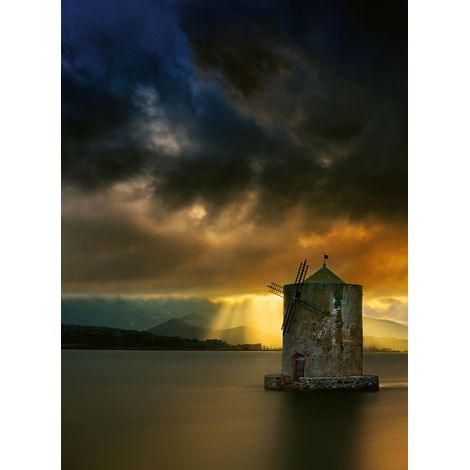Papier peint panoramique lac tendance obscure | Tapisserie panoramique coloré couloir | Papier peint panoramique salon ancien moulin à vent - 192 X 260 cm (4 pièces) (1/2)