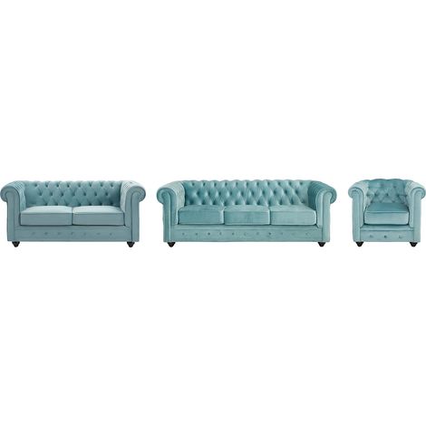 Canapés 3 places et 2 places et fauteuil en velours bleu pastel CHESTERFIELD