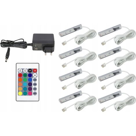 Juego de 8 clips LED RGB para estantes de cristal con cable blanco (1/5)