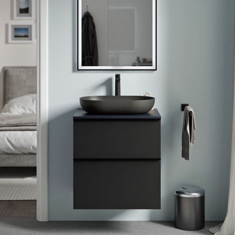 BERNSTEIN - Mobile lavabo sospeso MDF Nero opaco, piano lavabo blu notte opaco, maniglia cromata - 60x46x62cm - LAVOA	Nero opaco, cromo, Blu notte opaco