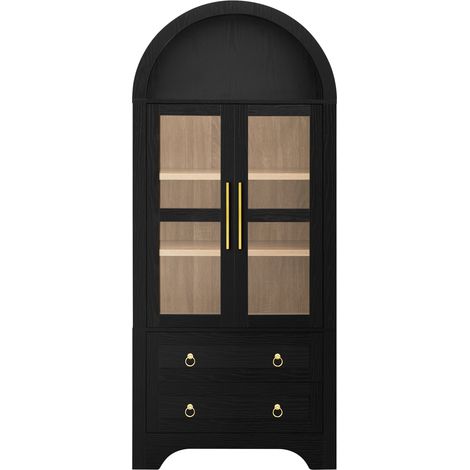 Credenza alta da cucina con ante in vetro, 2 cassetti e ripiani regolabili nera HOMVRA (1/5)