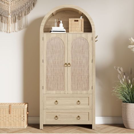 Buffet 80x40x180 cm cannage style arche, meuble de rangement vintage, 2 tiroirs, salon et chambre, aspect rotin, Chêne