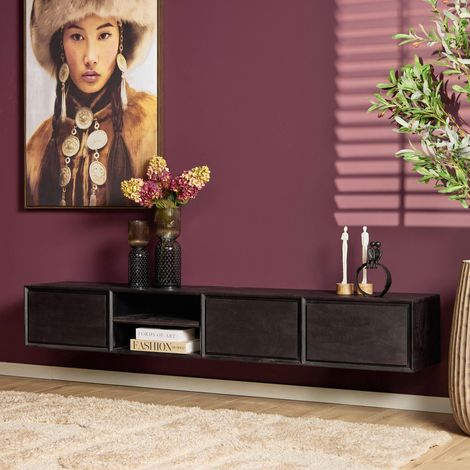 Long meuble TV suspendu bois noir 3 tiroirs 1 niche 280 cm AERA