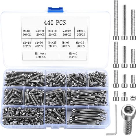 440 Vis à tête creuse M4, Acier inoxydable, Kit avec écrous, Rondelles, 2 Clés, Pour maison et bureau (1/5)