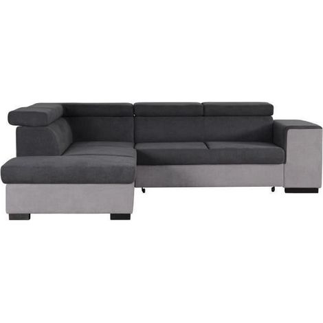 Les Tendances – Canapé d'angle gauche convertible 5 places – Tissu gris clair et foncé – Dimensions L 271 x P 220 x H 77 cm – Coffre de rangement (1/8)