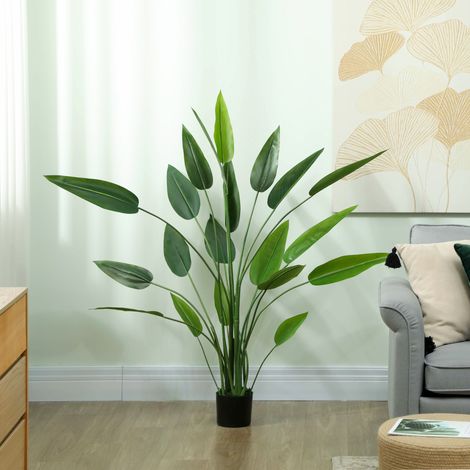 Künstliche Paradiesvogelblume mit 20 Blättern, 140 cm, dekorative Kunstpflanze mit Topf und Moos, aus PE, PEVA und PP