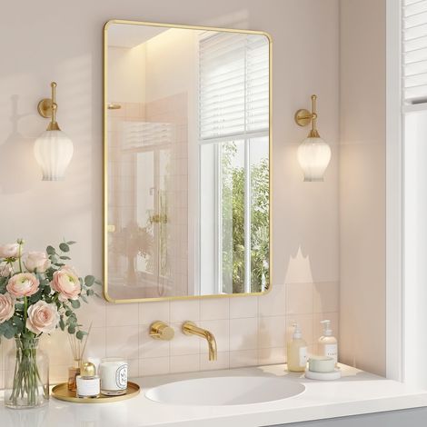 SONGMICS Specchio Bagno, Specchio da Parete, Rettangolare, Cornice in Alluminio, 91 x 61 cm, Pellicola di Sicurezza, 2 Opzioni di Sospensione, Soggiorno Camera da Letto, Oro Pallido LWM010AB01 (1/5)