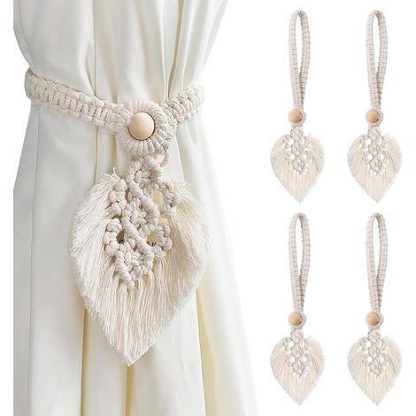 Beige Embrasse pour Rideaux Boheme, 4pcs Attache Rideau Feuille Deco Bohème, Corde de Coton Tissées à la Main avec Perles en Bois pour Salon Maison