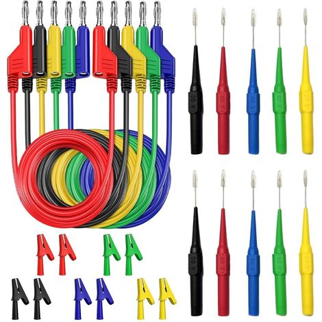 Jeu de Cordon Testeur Multimètre, 5 Pièces 4mm Câble de Test Fiche Banane avec Pinces Crocodiles Sondes de Test Fil Multimètre 1m pour Multimètres Testeur de tension, Ampèremètres (1/5)