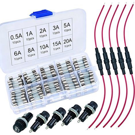 160 Pcs Kit Fusible Verre 5x20 Portes-fusible 18 AWG+ Montage Panneau (0.5A 1A 2A 3A 5A 6A 8A 10A 15A 20A) (1/5)