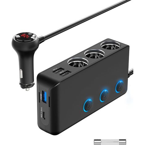 PD 30W Adaptateur Prise Multi Allume-Cigare, 12V/24V Chargeur de Voiture à 3 Prises USB avec 4 USB Ports Interrupteur SéParé Affichage du Tension par LED Charge Rapide pour Phone/GPS/DashCam (1/5)