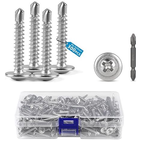 M4.2mm x 25mm 410 Stainless Steel Self Tapping Screws, Flat Head Screws, Countersunk Self-Drilling Screws with Phillips Bits, Round Head, Silver Self-Drilling Screws (1/5)