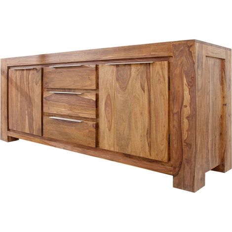 Buffet GRADI 175 cm en bois massif de sheesham verni – 2 portes, 3 tiroirs et veinage naturel (1/5)