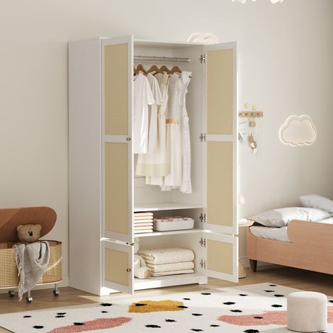 Armoire de chambre en rotin 90x48x180cm, penderie 2 portes pour vêtements et dressing, style bohème chic avec tringle et étagères, blanc (1/5)