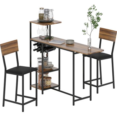 Ensemble table bar 3 pièces marron avec porte-vin, porte-verre, étagères, repose-pieds