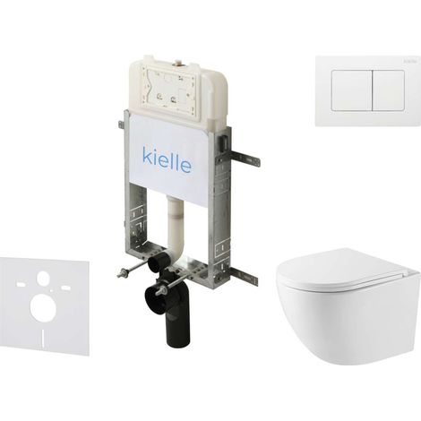 kielle Genesis New - Conjunto de instalación empotrada, inodoro compacto Oudee, Vortex Rimless+, asiento softclose y pulsador Gemini New III, blanco brillante 30528SZ43