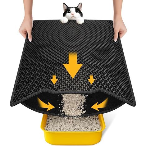 Cat Litter Mat, 60 x 37 cm, Double Layer Honeycomb Mat, Waterproof and Washable, Non-Slip, Urine Resistant Mat for Cats, Black (1/5)