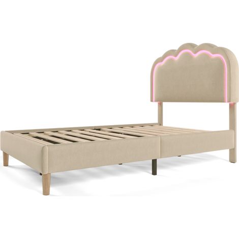 Cama individual tapizada LED 90 x 190 cm con somier de láminas y cabecero ajustable, beige (1/5)