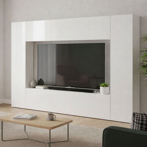 Dmora Wohnzimmer-Wandeinheit, Made in Italy, TV-Ständer und Wandeinheiten und Regale, Modernes Wohnzimmer-Set, 260x30h180 cm, Glänzende weiße Farbe (1/5)