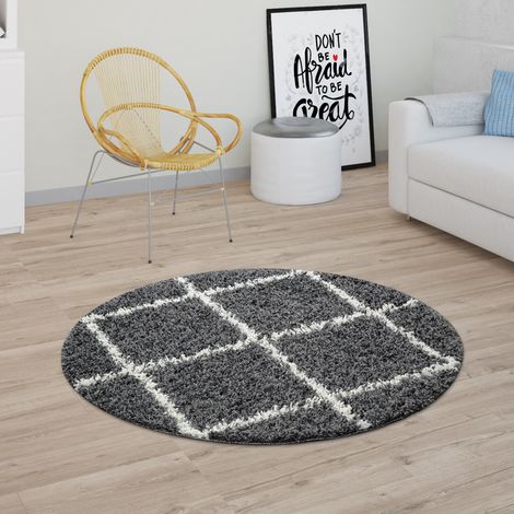 Paco Home Alfombra Pelo Largo Shaggy Para Salón Diseño Escandinavo Rombos En Gris Oscuro Ø 200 cm redondo