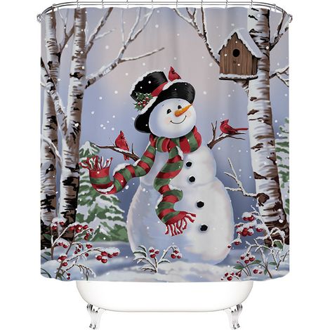 Rideau de douche de Noël, ensemble de rideaux de douche bonhomme de neige avec 12 crochets, rideaux de douche de neige de vacances pour salle de bain,180x200cm (1/3)