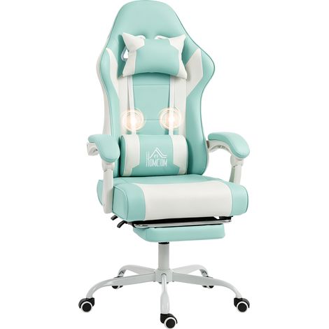 HOMCOM silla gaming ergonómica, silla gamer con lumbar masaje vibración, reclinable 155°, altura ajustable, reposacabezas y reposapiés retráctil, azul