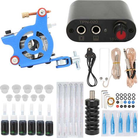 Kit professionnel complet de tatouage : machines à bobines, aiguilles, grips, 6 encres, 90-265V (prise UK) pour débutants (1/5)