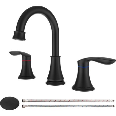 Robinet de salle de bain à 2 poignées et 3 trous, 20 cm (8 po), finition bronze huilé, avec bonde escamotable et flexibles d'alimentation en eau certifiés cUPC, noir mat (1/5)