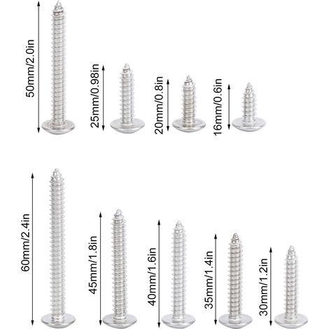 Kit de 45 vis autotaraudeuses Phillips M6 en acier inoxydable 304 de différentes longueurs (1/4)