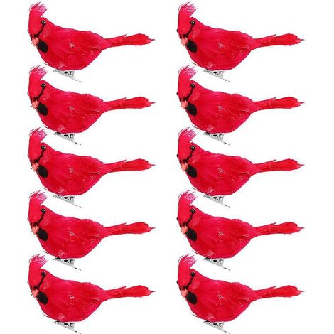 Lot de 10 oiseaux artificiels à plumes rouges, en métal, à accrocher au sapin de Noël-Red (1/3)