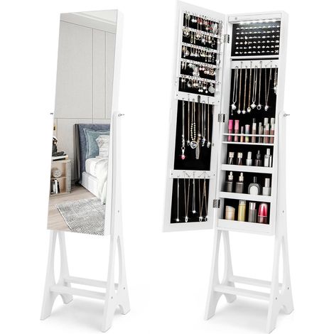 COSTWAY Specchio Portagioie, Armadio Regolabile per Gioie con Specchio Senza Cornice e 12 Luci a LED per Camera da Letto, Specchiera Portagioe per Trucco da Terra, 36x33,5x154,5 cm (Bianco) (1/5)