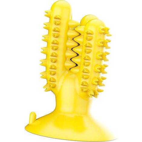 Brosse à dents pour chien, jouet distributeur de nourriture interactif en TPR sûr, pour le nettoyage des dents, à utiliser au sol ou au mur (jaune). (1/2)