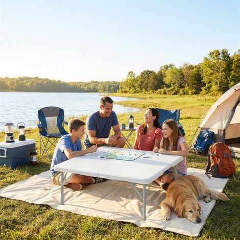 Klappbarer quadratischer Campingtisch, Metall und HDPE, 86 x 86 x 74 cm, Weiß