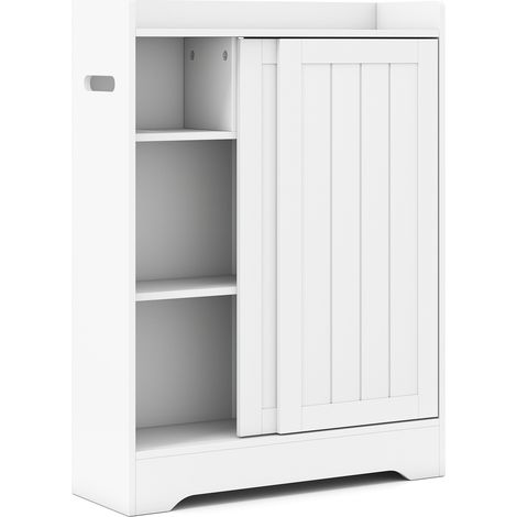 Armoire de salle de bain blanche étroite avec portes coulissantes, étagères réglables et porte-rouleaux, pour WC et buanderie (1/5)