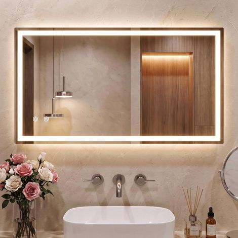 Miroir de Salle de Bain avec éclairage 120 x 60 cm, Miroir LED avec 3 Couleurs de lumière à intensité Variable, Verre trempé, Protection Contre Les Explosions, Interrupteur Tactile, Fonction (1/5)