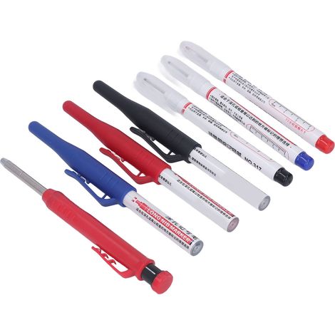 Ensemble de marqueurs pour menuisier multifonctionnels : 6 marqueurs à pointe longue pour trous profonds, 1 crayon à bois avec taille-crayon et recharges. (1/5)