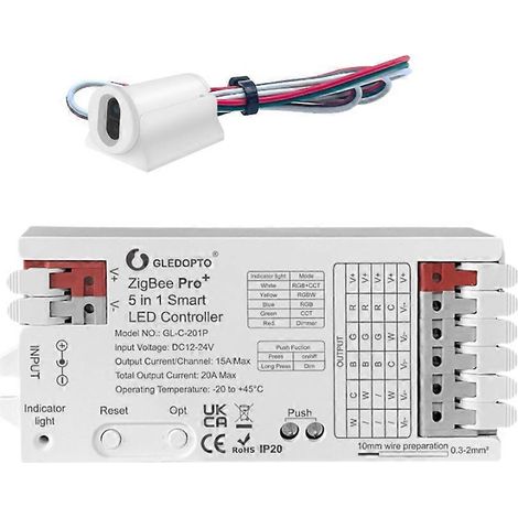 Contrôleur LED GLEDOPTO ZigBee 3.0, variateur 5 en 1 avec interrupteur à capteur IR, ruban LED RGBW 12 V/24 V, 20 A, application intelligente et commande vocale (1/5)