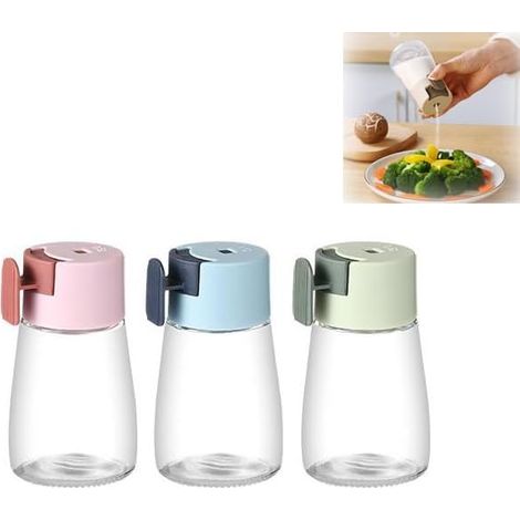 3 Stück Glas-Salzdosiergläser (Rosa/Blau/Mintgrün), präzise Portionsgewürzdosen mit Druckknopf für Salz, Zucker, Gewürze, Küchenpulver