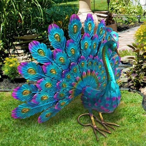 Statue de paon en métal décorative – Sculpture 3D pour jardin, terrasse, cour – Dimensions 40,6 x 39,6 x 15 cm – Multicolore