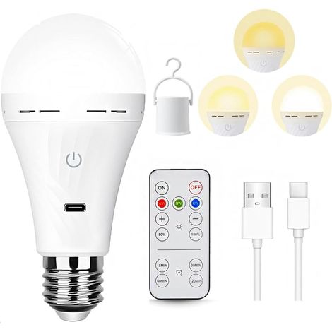 Ampoule rechargeable avec télécommande, ampoule à intensité variable 3 couleurs, ampoule USB E27, ampoule à piles, ampoule de secours (1/5)