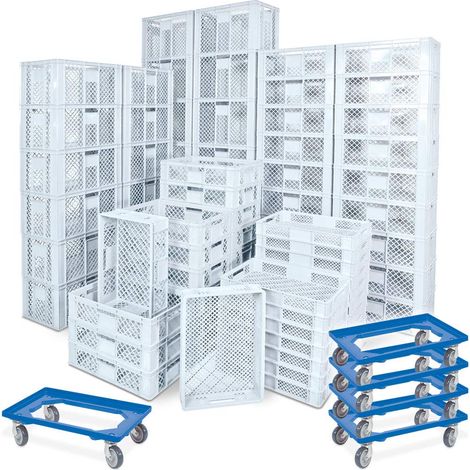 BRB 78 Stück Stapelkörbe/Bäckerkästen in 5 Größen, Grundmaß LxB 600x400 mm, H 90 mm, 150 mm, 240 mm, 320 mm, 410 mm, + 5x Transportroller blau (weiß)