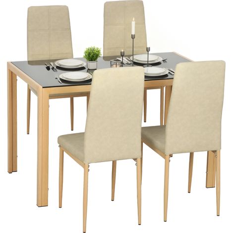 Ensemble table à manger avec 4 chaises - HOMCOM - chaises en cuir synthétique - plateau en verre trempé - 120x70x75cm - naturel (1/5)